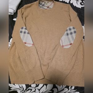 Burberry Tan Crewneck Sweater with Check Elbow Patches